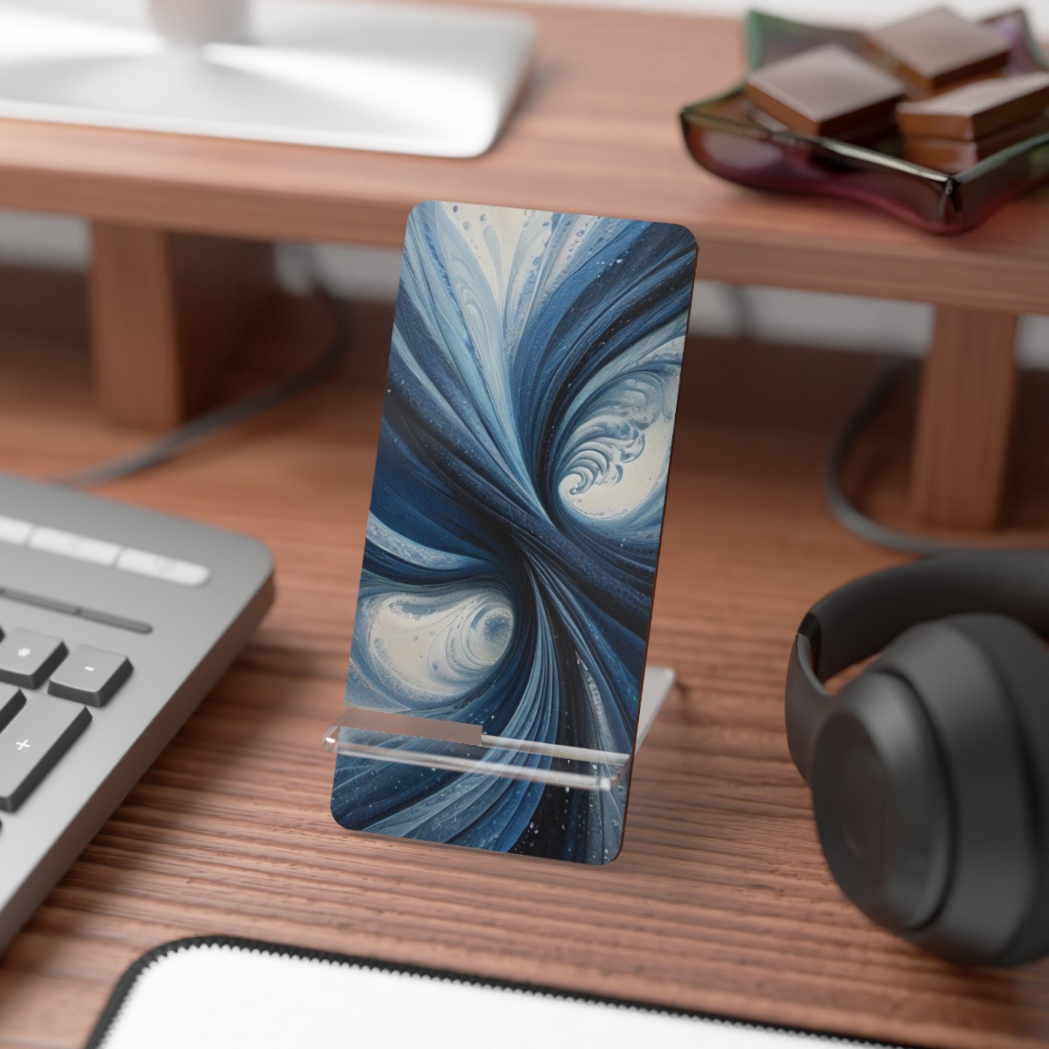 Acrylic Phone Stand — Blue Swirl Mobile Display Stand for Smartphones