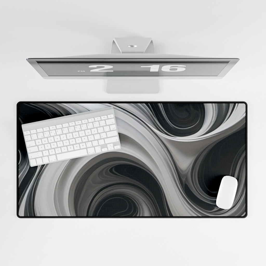 Black & White Swirl Desk Mat — Abstract Wave Gaming/Office Mousepad