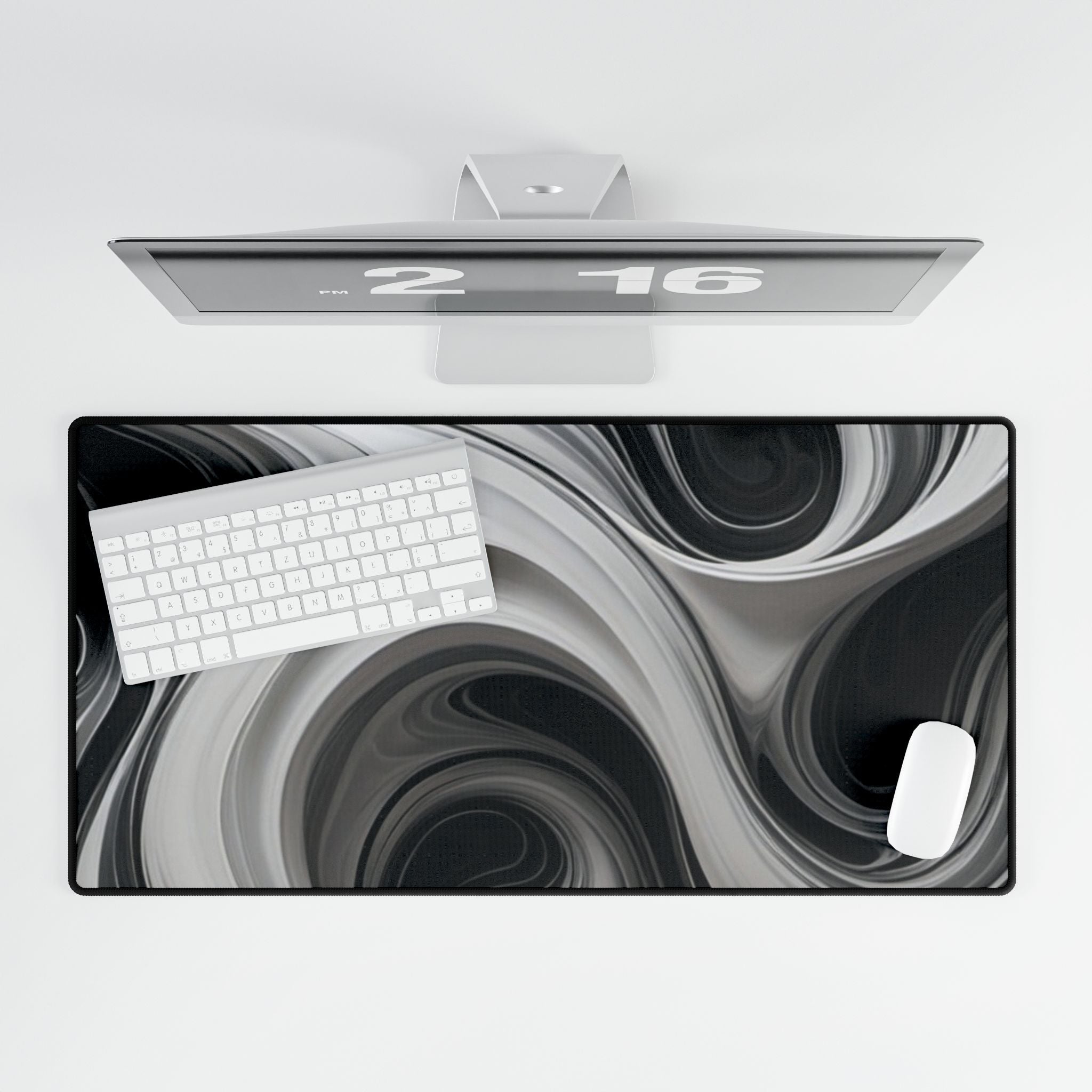 Black & White Swirl Desk Mat — Abstract Wave Gaming/Office Mousepad