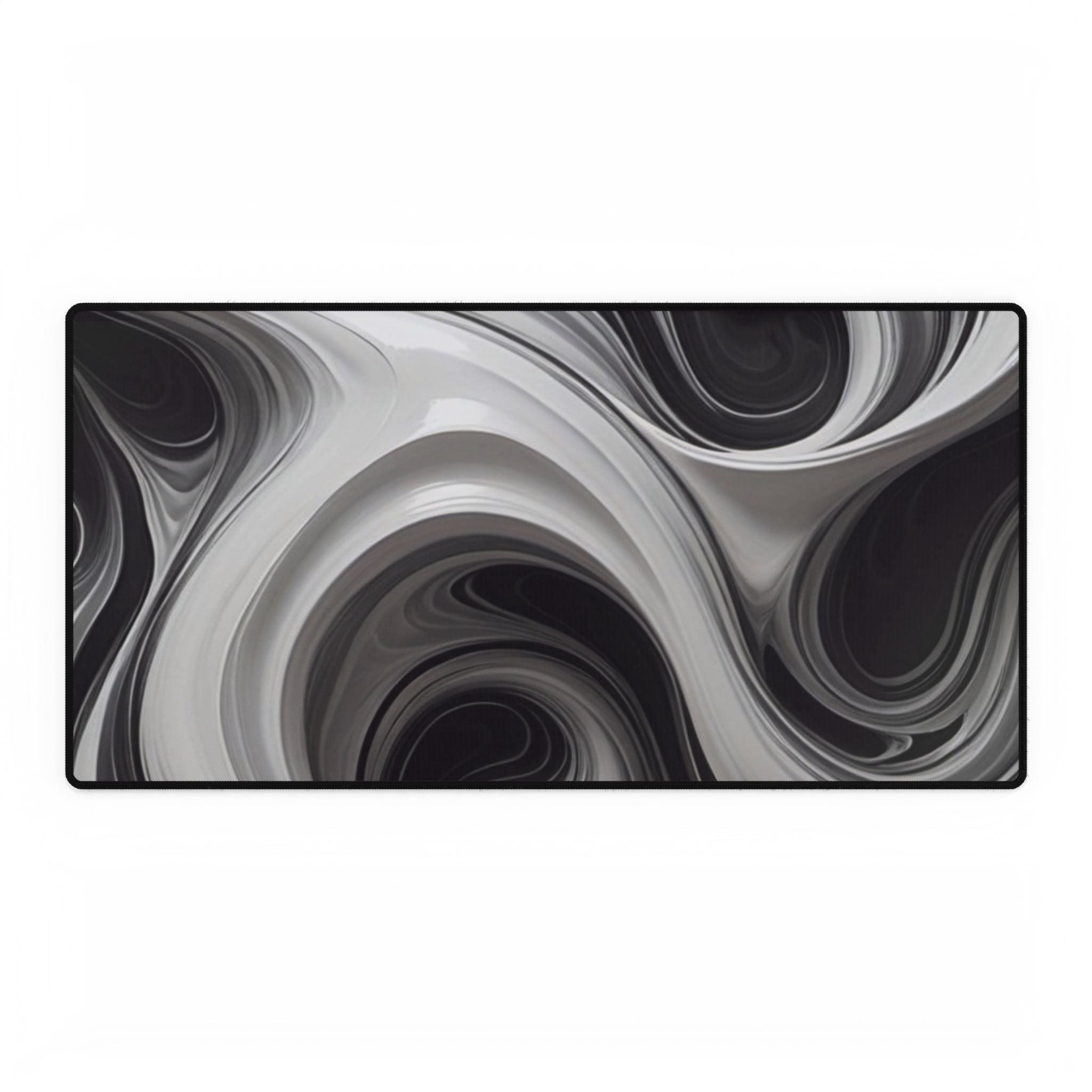 Black & White Swirl Desk Mat — Abstract Wave Gaming/Office Mousepad