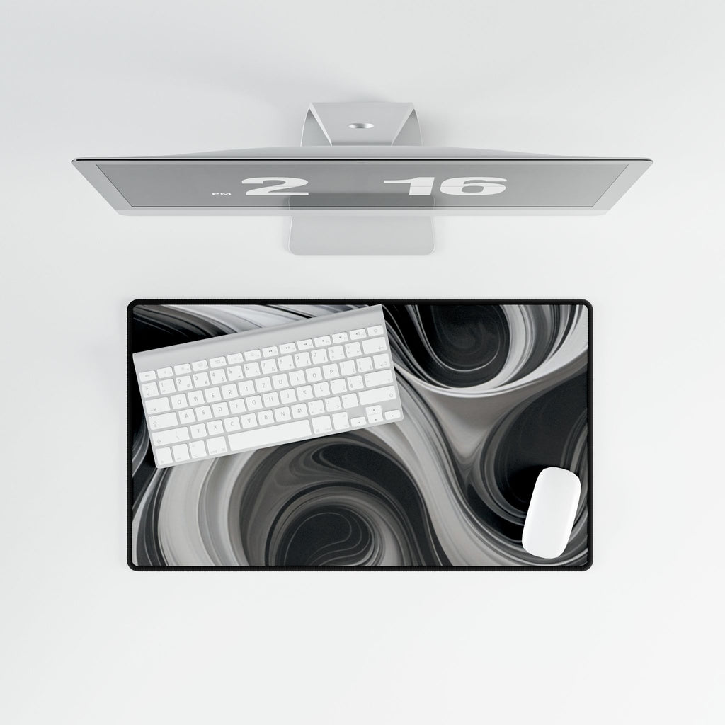 Black & White Swirl Desk Mat — Abstract Wave Gaming/Office Mousepad