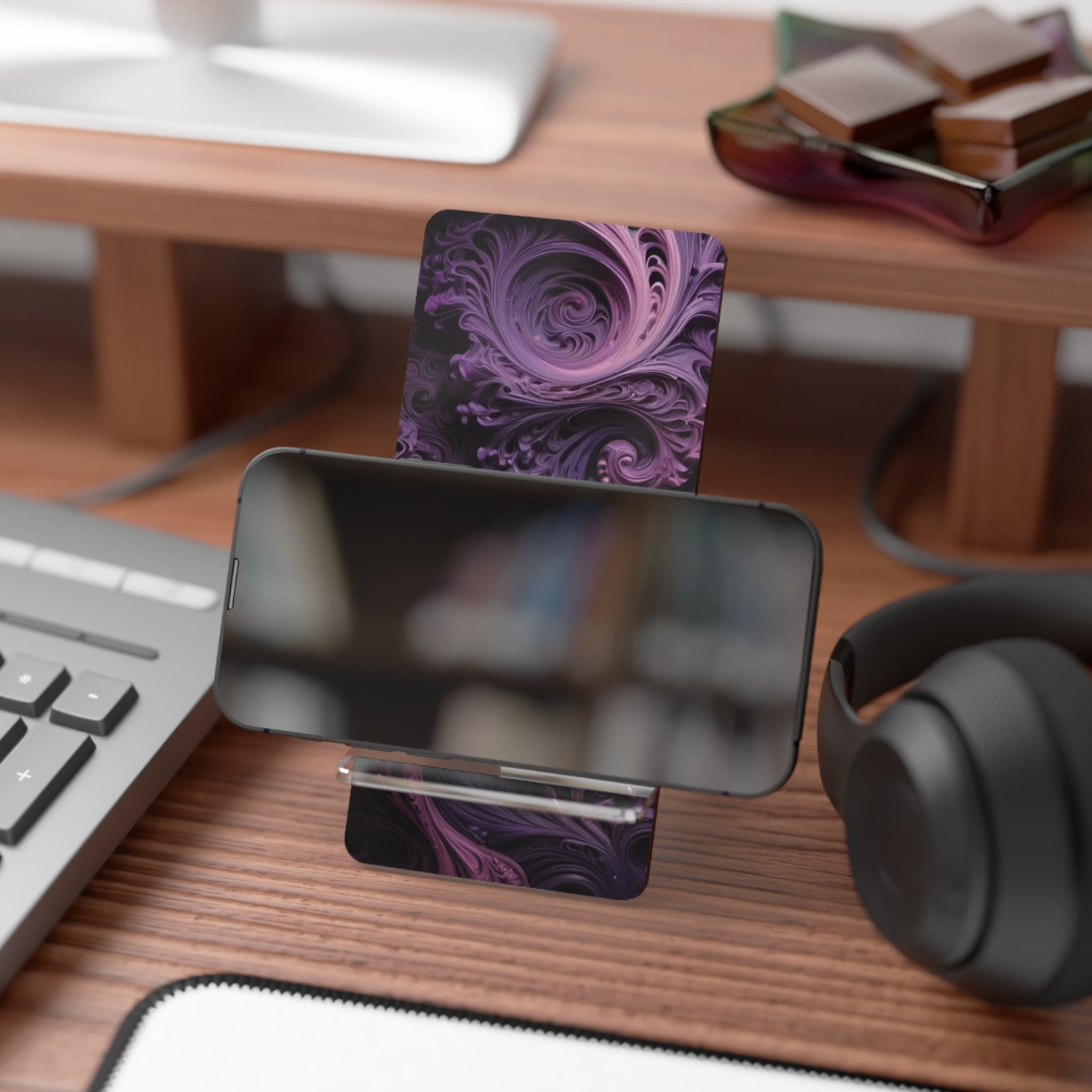 Abstract Purple Swirl Phone Stand — Decorative Acrylic Mobile Display