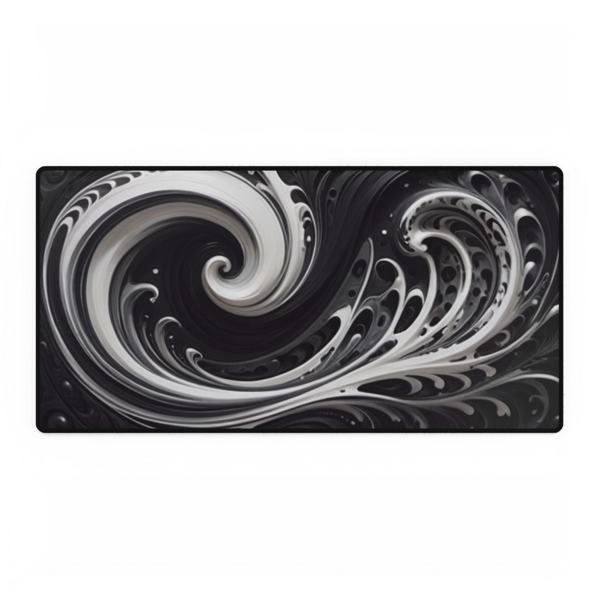 Black & White Swirl Desk Mat — Abstract Wave Gaming/Office Mousepad
