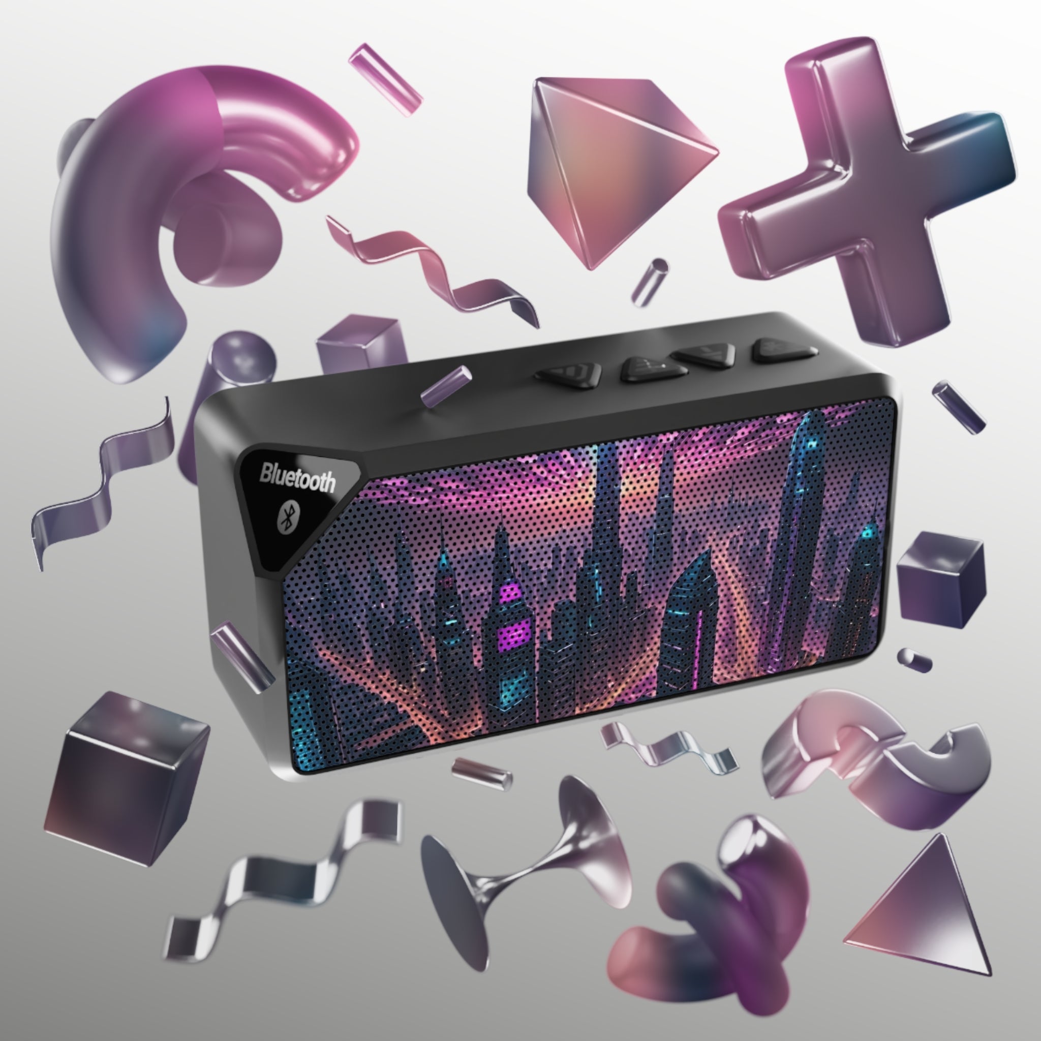Bluetooth Speaker — Neon Futuristic Cityscape Design