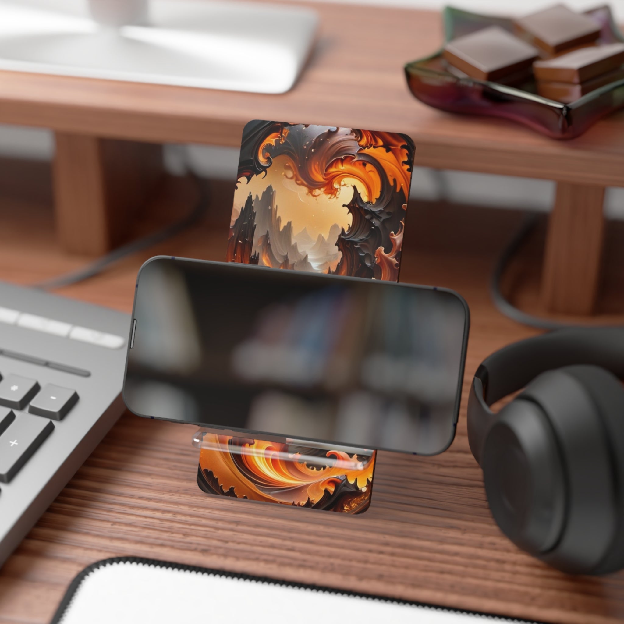 Abstract Flame Swirl Phone Stand — Foldable Mobile Display Stand for Smartphones