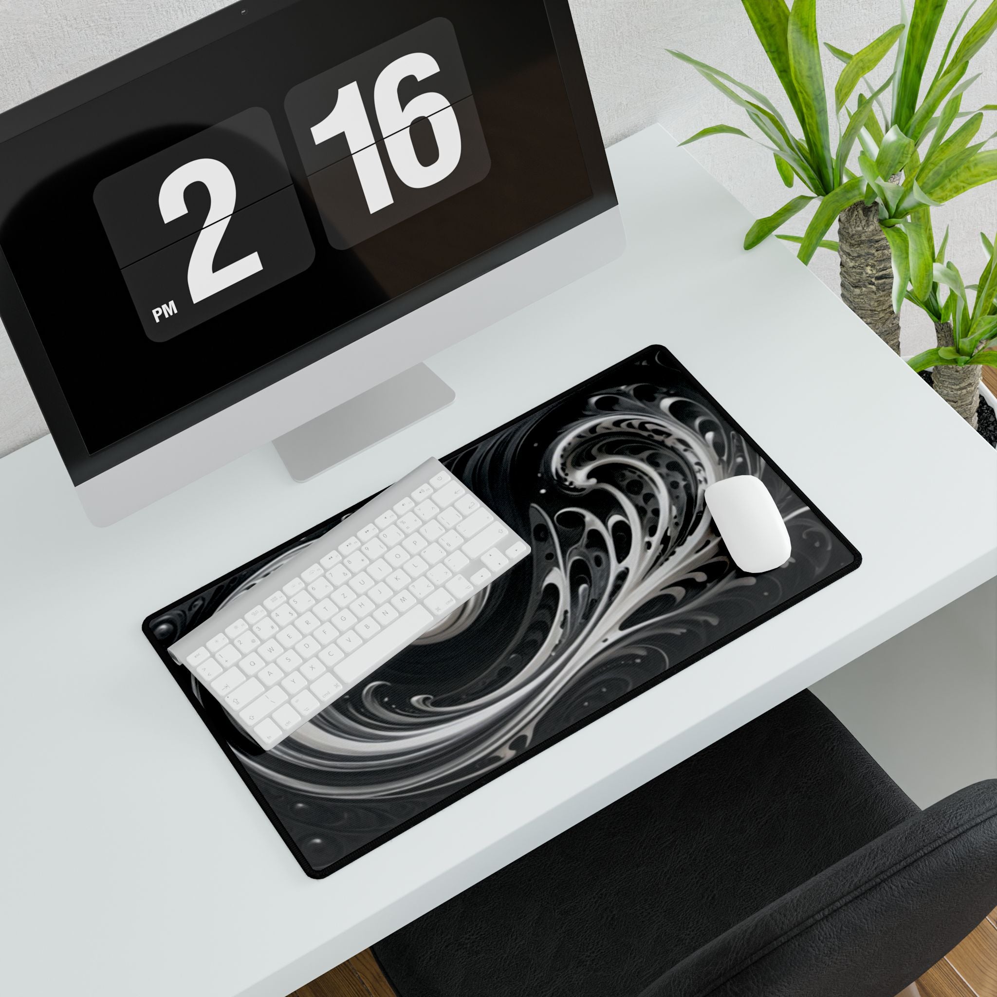 Black & White Swirl Desk Mat — Abstract Wave Gaming/Office Mousepad