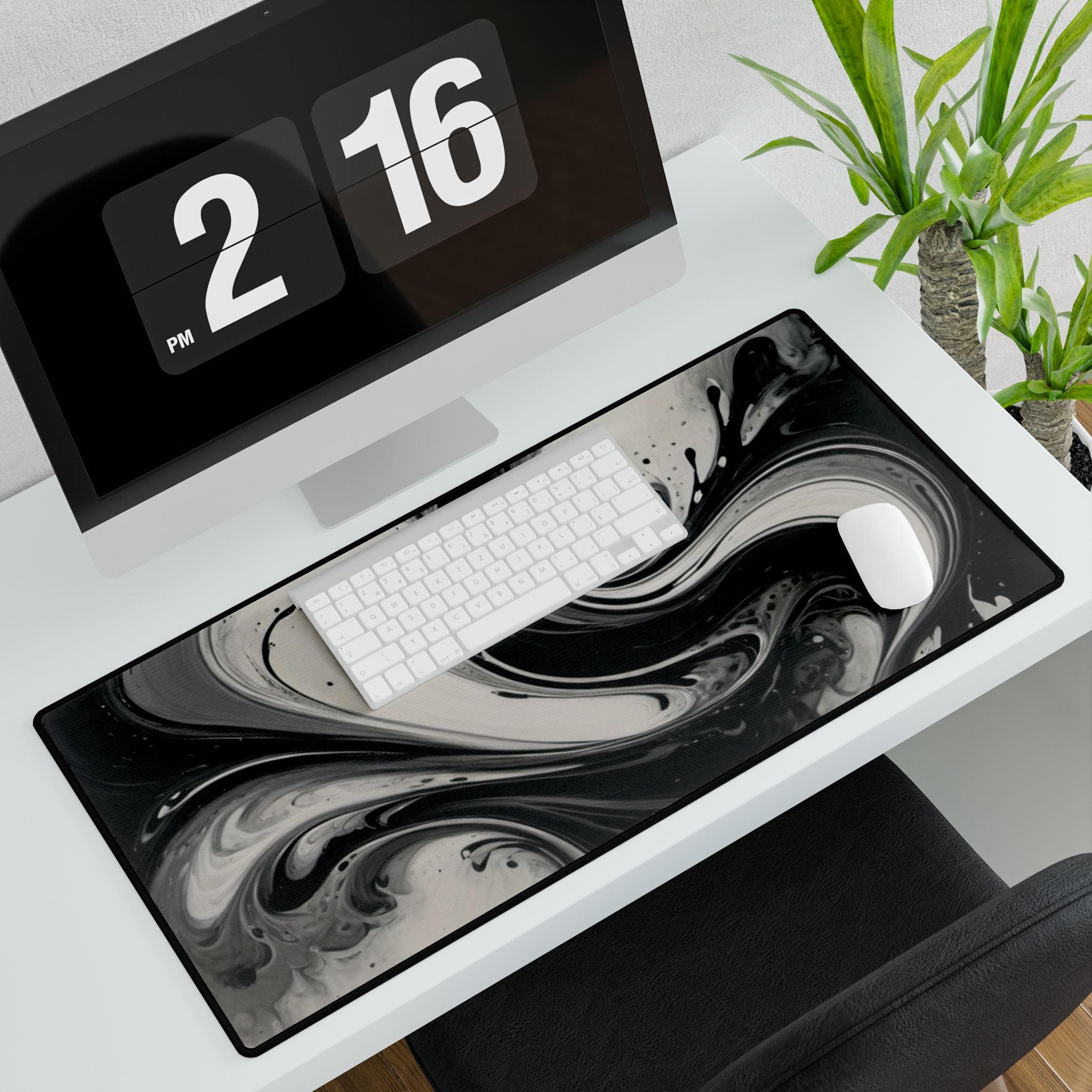 Black & White Swirl Desk Mat — Abstract Wave Gaming/Office Mousepad