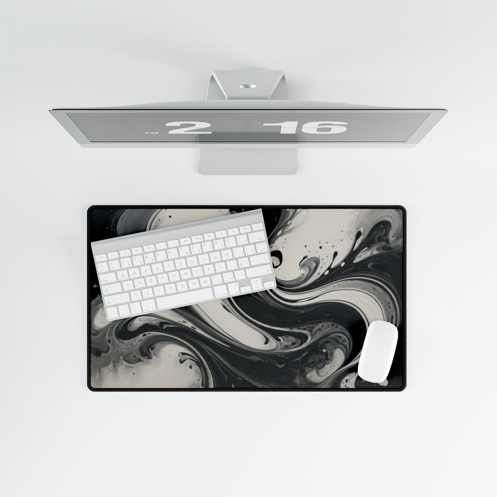 Black & White Swirl Desk Mat — Abstract Wave Gaming/Office Mousepad