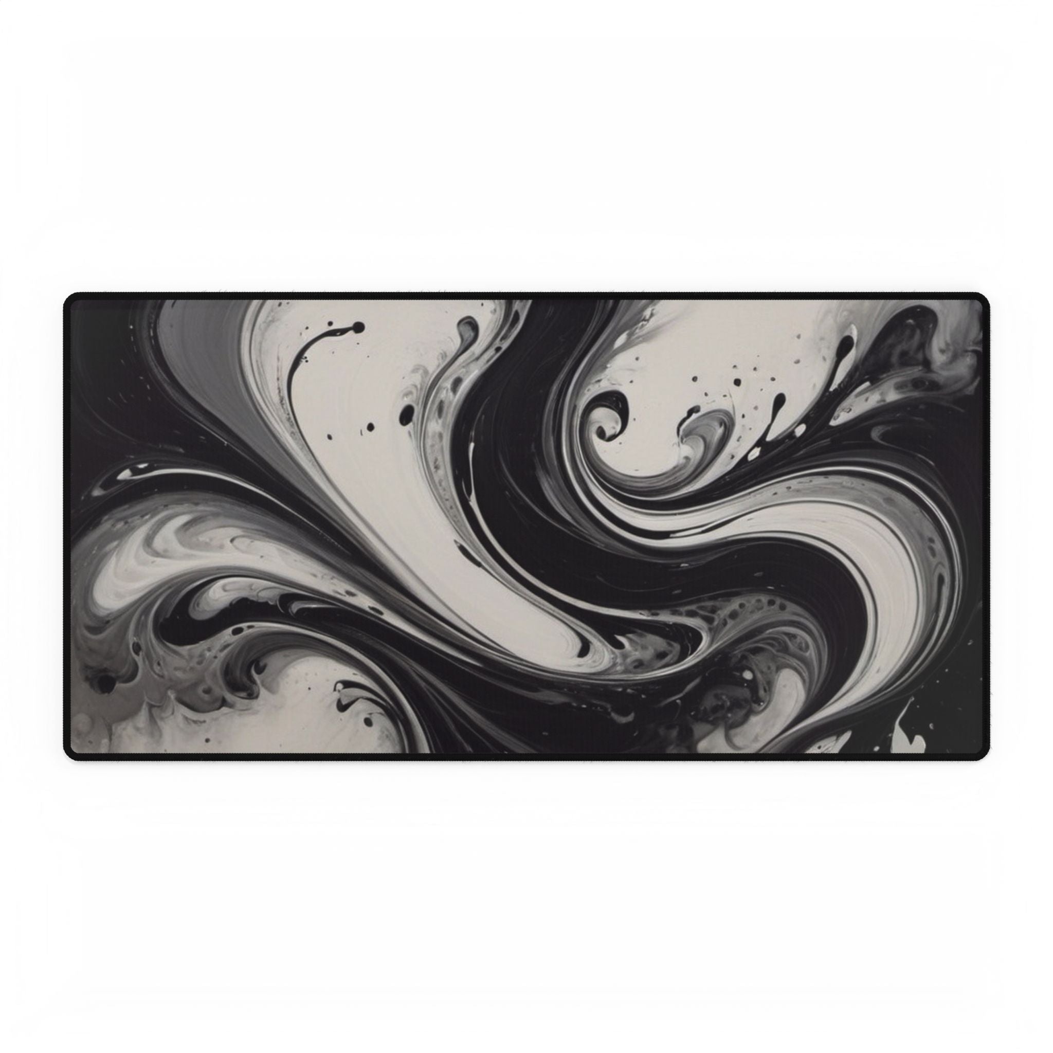 Black & White Swirl Desk Mat — Abstract Wave Gaming/Office Mousepad