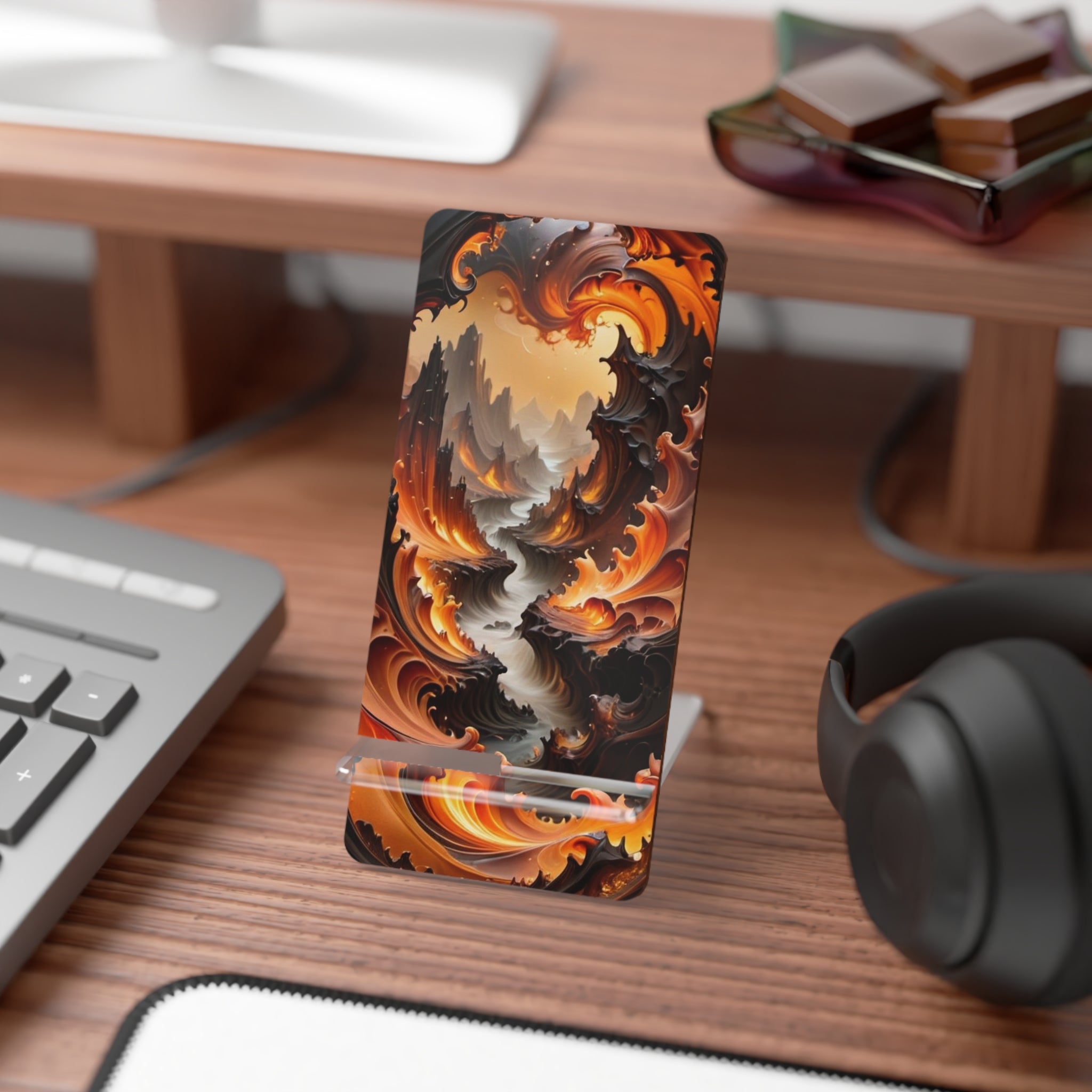 Abstract Flame Swirl Phone Stand — Foldable Mobile Display Stand for Smartphones