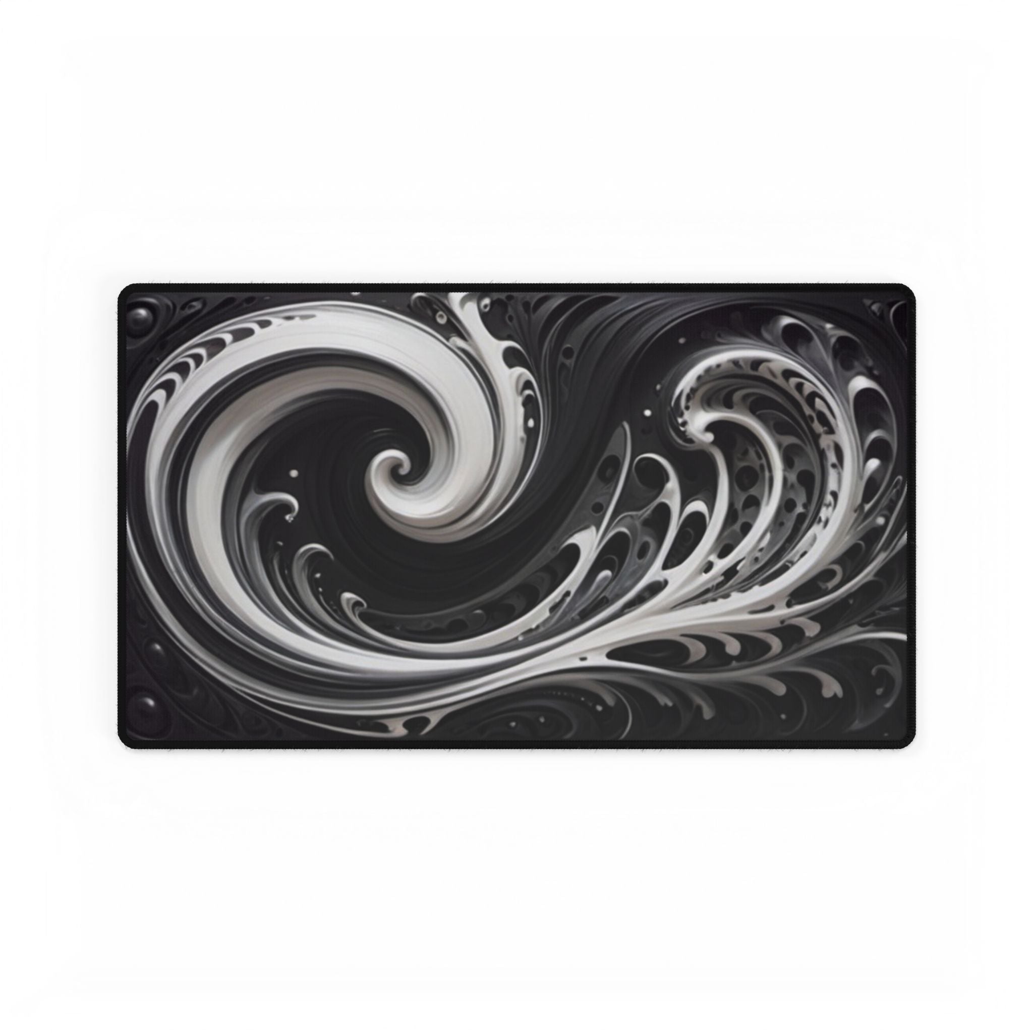 Black & White Swirl Desk Mat — Abstract Wave Gaming/Office Mousepad