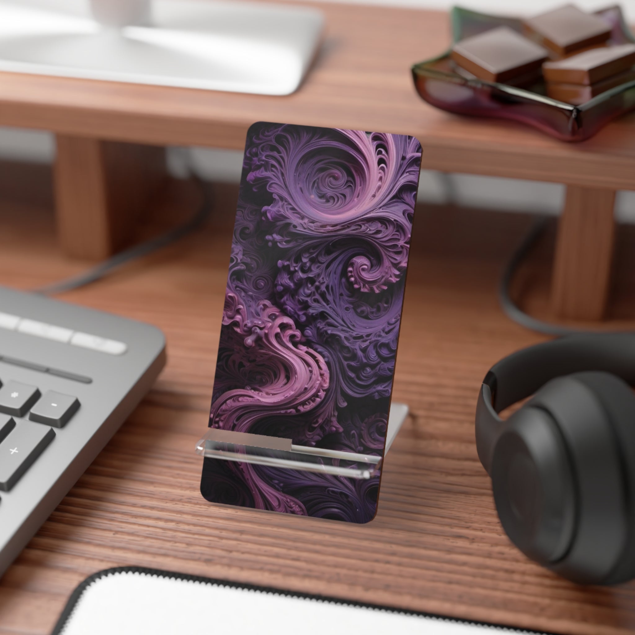 Abstract Purple Swirl Phone Stand — Decorative Acrylic Mobile Display