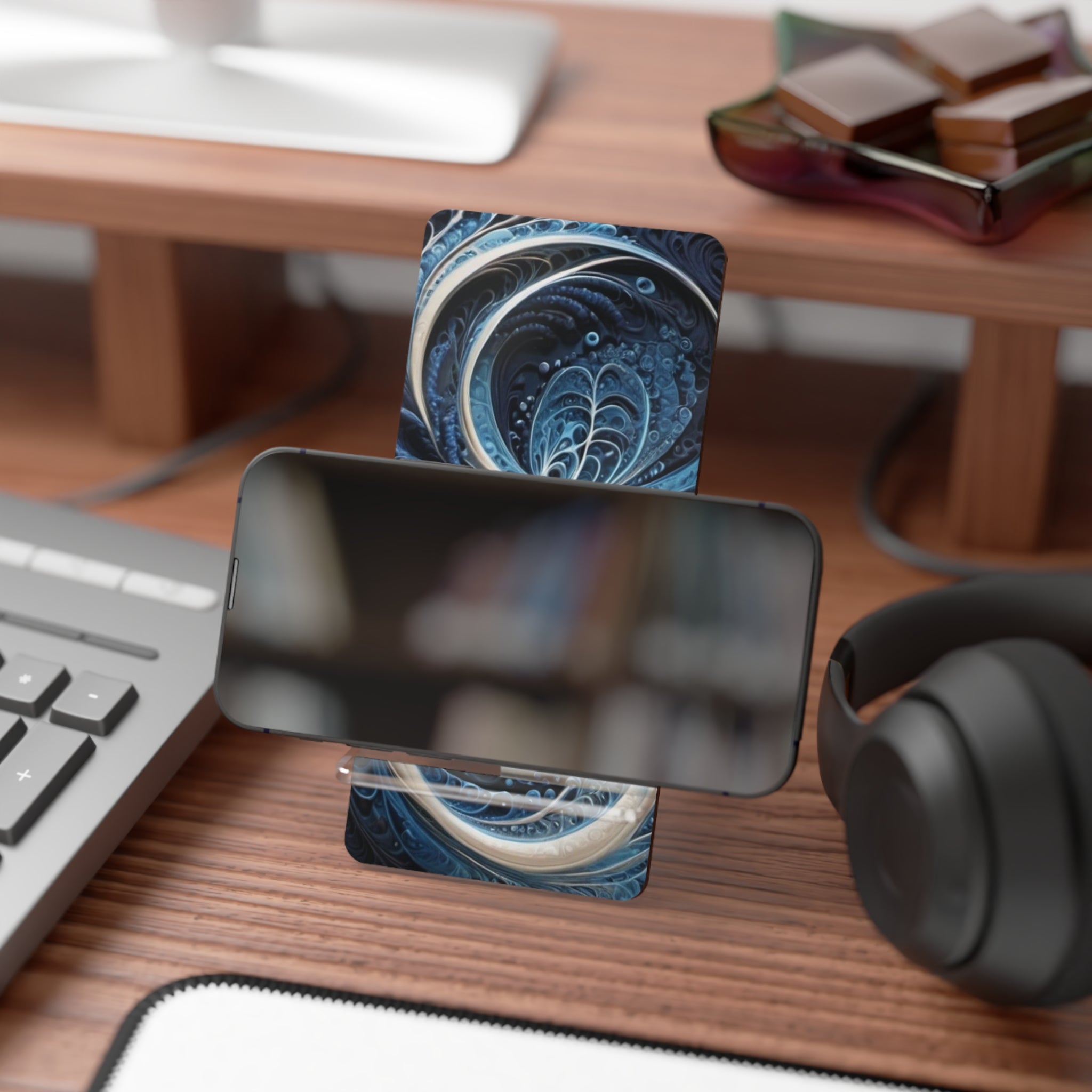 Abstract Blue Fractal Phone Stand — Decorative Mobile Display Stand for Smartphones