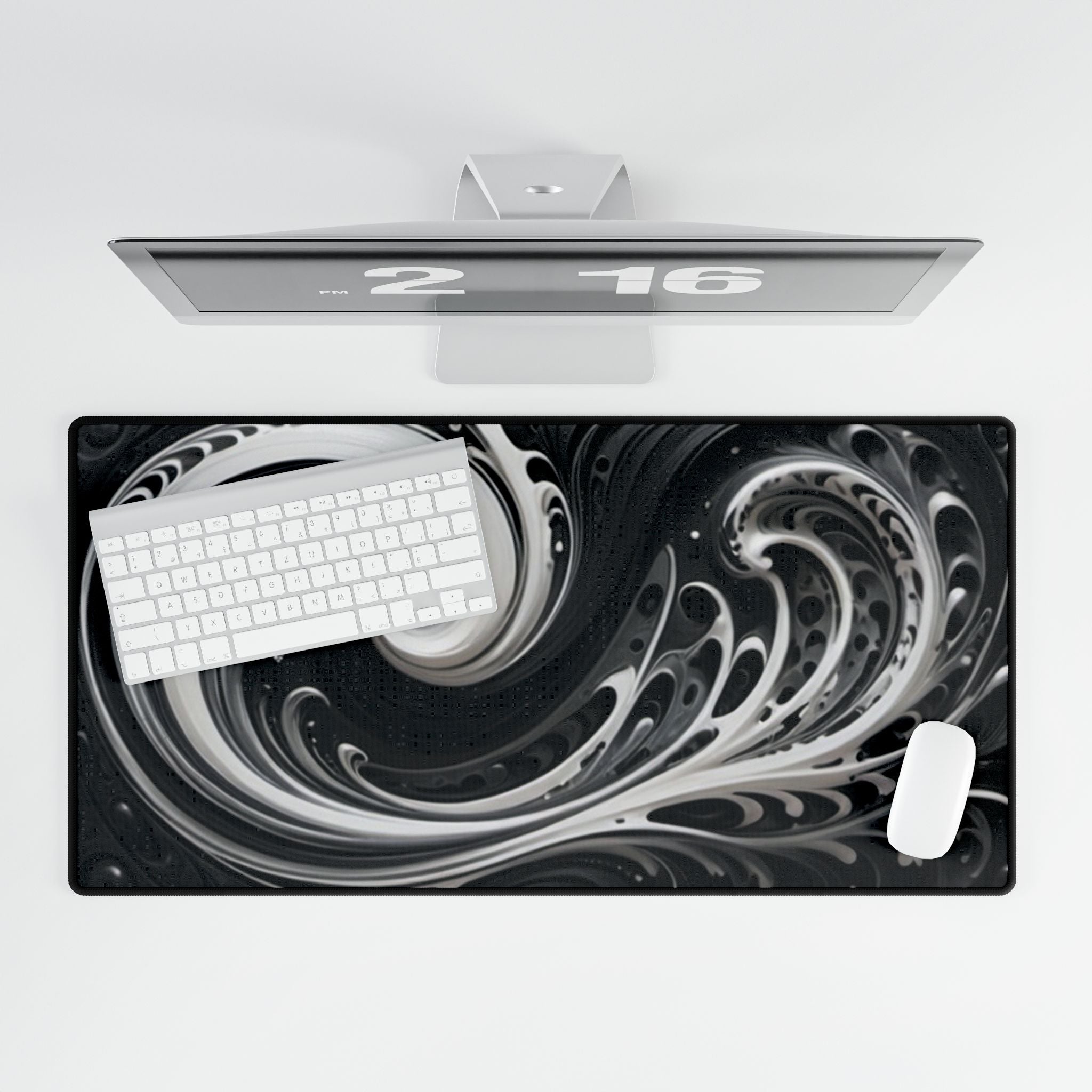 Black & White Swirl Desk Mat — Abstract Wave Gaming/Office Mousepad