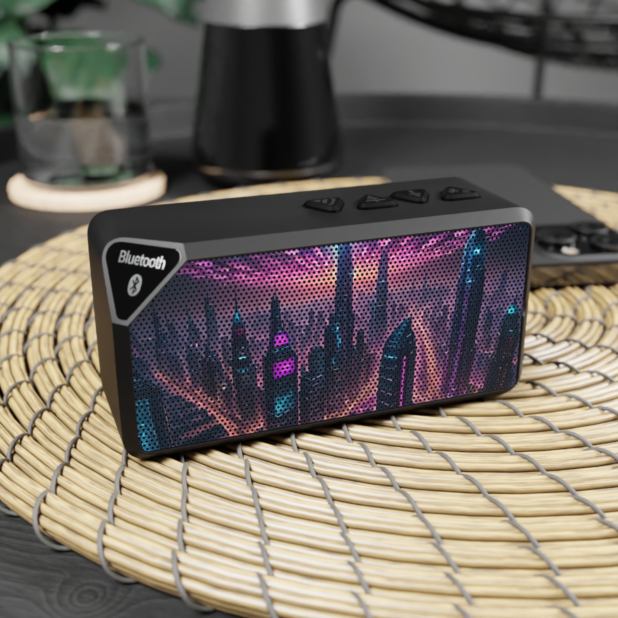 Bluetooth Speaker — Neon Futuristic Cityscape Design