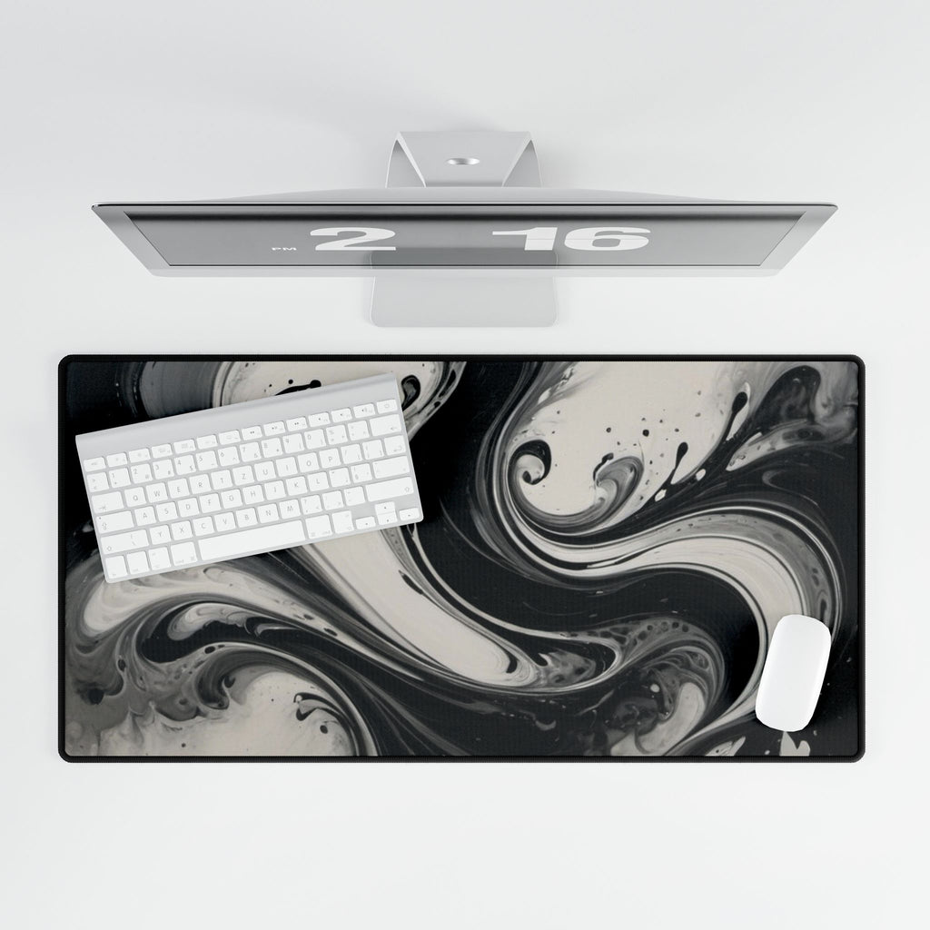 Black & White Swirl Desk Mat — Abstract Wave Gaming/Office Mousepad