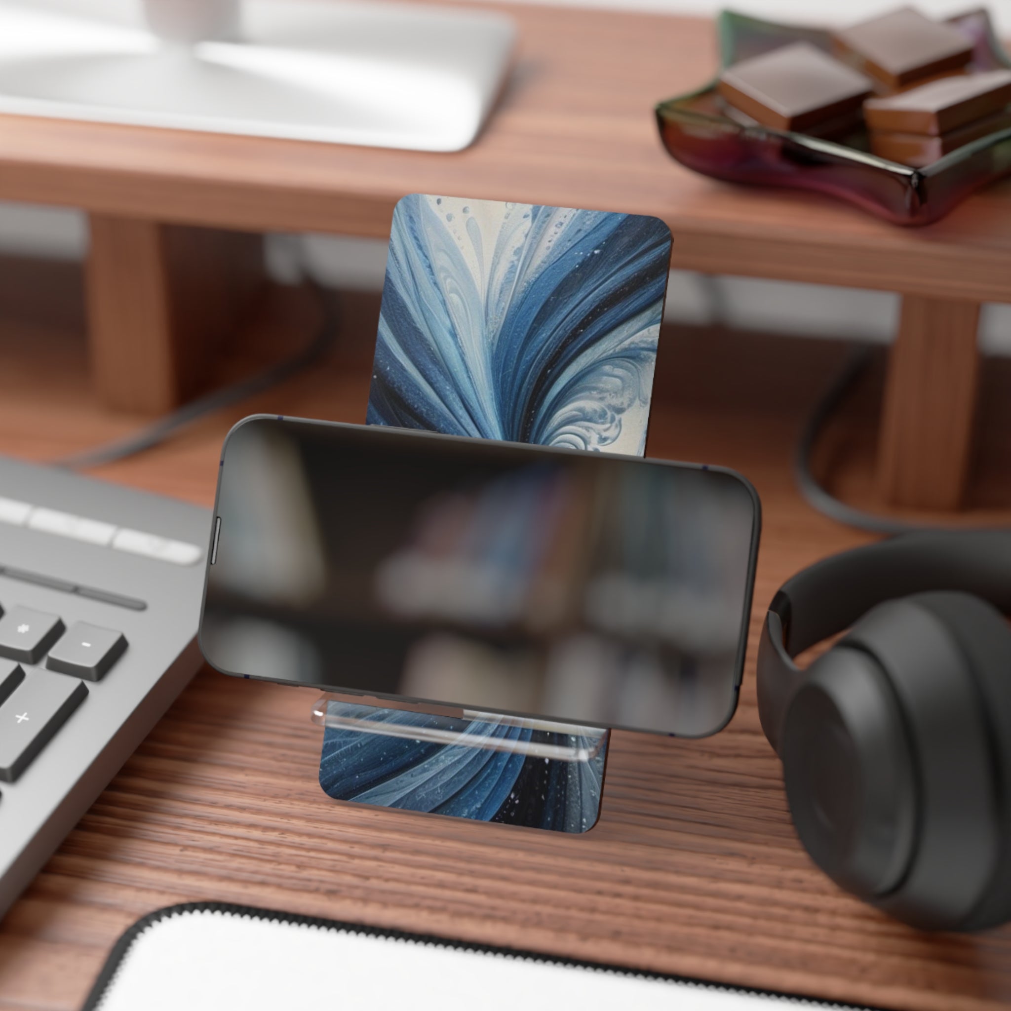 Acrylic Phone Stand — Blue Swirl Mobile Display Stand for Smartphones