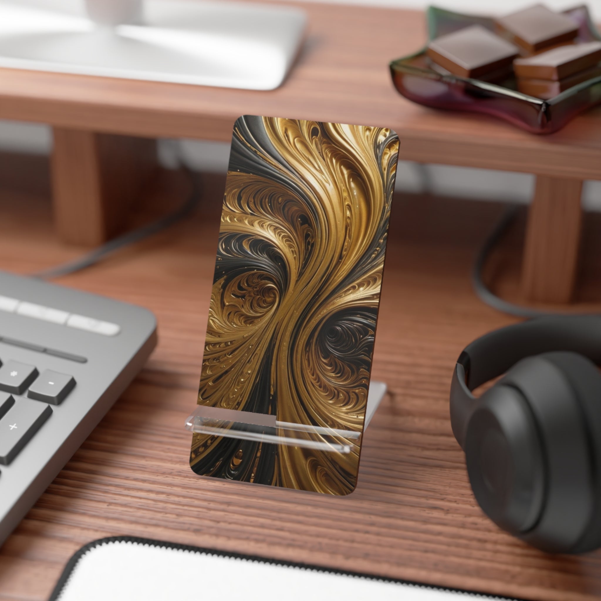 Acrylic Phone Stand — Elegant Gold Swirl Mobile Display Stand