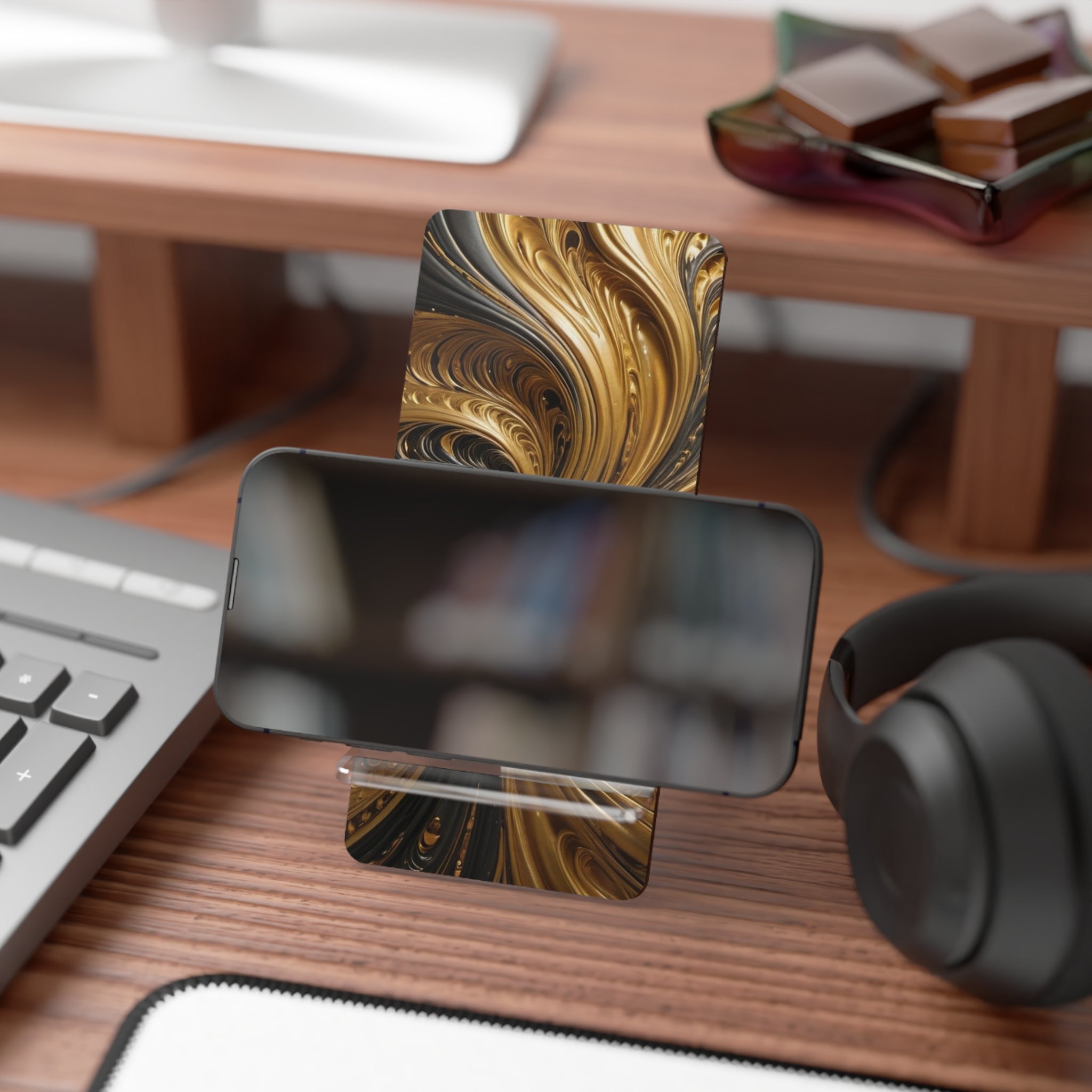 Acrylic Phone Stand — Elegant Gold Swirl Mobile Display Stand